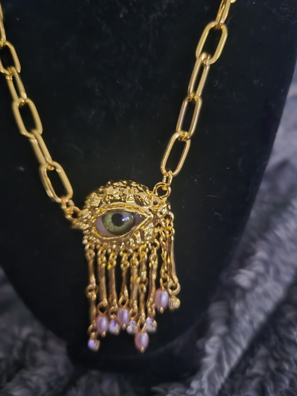 Schiaparelli Inspired Gold Evil Eye Fringe Pendant Necklace w/ Pink Bead Accents